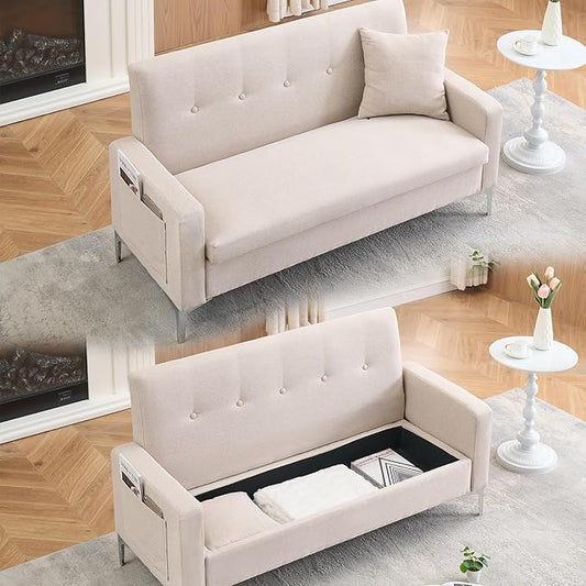 57 Beige Suede Couch Mini Comfy Sofa with Spring Cushions Loveseat Storage Sofa for Bedroom Small Couch for Small Spaces Modern Living Room 2 Seater Sofas with Pillow Seat (Beige)