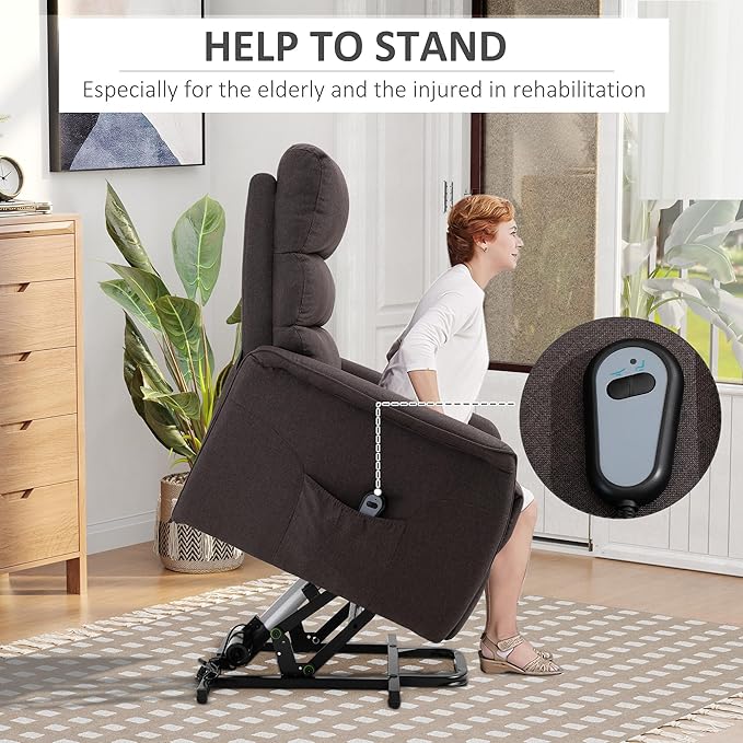 HOMCOM Power Lift Recliner Chair for Elderly Easy Assembly Fabric Lift Chair for Adults Recliner Sofa with Remote Control Side Pockets for Living Room Brown