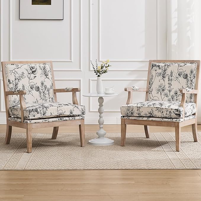 Modern Farmhouse Accent Chair Wide Linen Upholstered Living Room Chair with Armrest Pads Coastal French Country Wooden Armchair for Bedroom Guest Room Floral Pattern