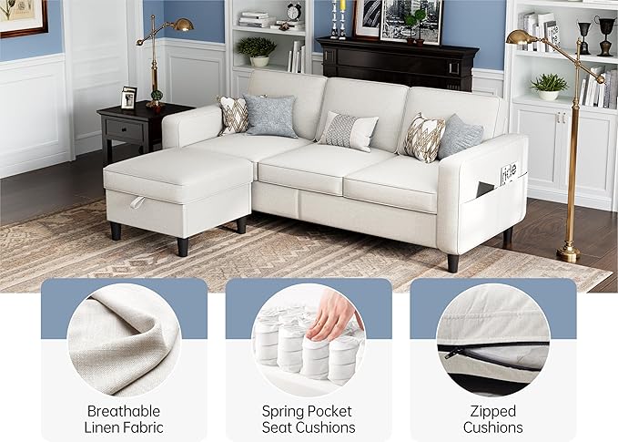 Sectional Couches for Living Room Convertible 3 Seater Sofas 78 L Shaped Couch with Removable Storage Ottoman Modern Linen Beige Sofa for Apartments Studios Dorms Small Spaces | 78 Small Sectional