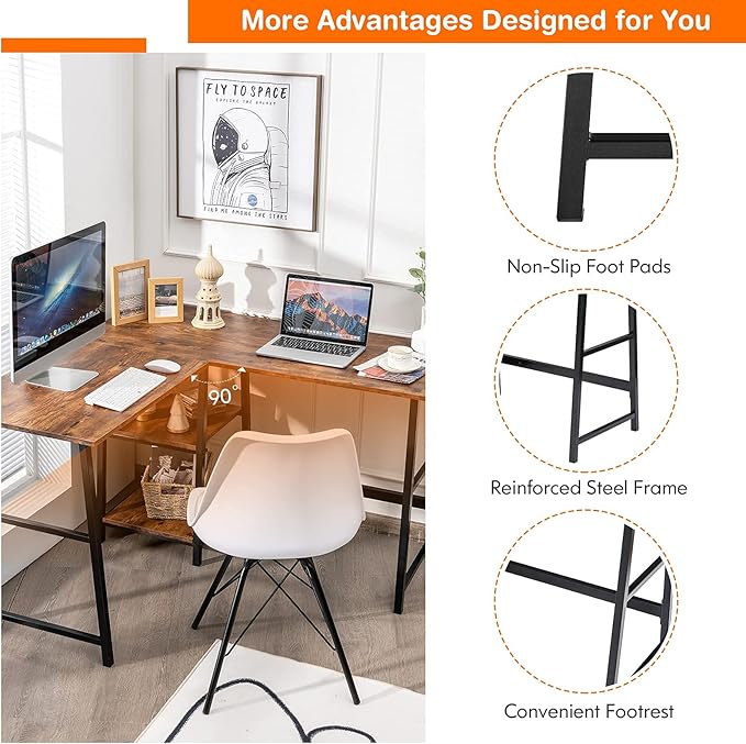 Tangkula L Shaped Desk Space Saving Corner Desk w/ 2 Tier Storage Shelves Study Writing Desk Workstation with Reinforced Metal Frame Home Office Desk (Rustic Brown)
