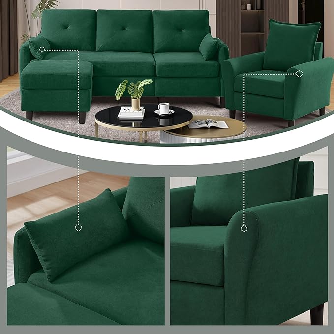 Convertible Sectional Sofa 77 Small L Shaped 3 Seat Couch with Reversible Storage Chaise and Accent Chair Set Modern Polyester Fabric Sofa Couches for Living Room Apartment Green
