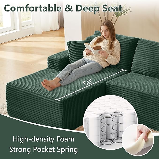 103 W Green Boneless Cloud Sectional Couches for Living Room No Assembly Compressed L Shaped Sofa with Deep Seat &amp Left Chaise Fluffy Corduroy Floor Lounge Sofa for Apartment Office