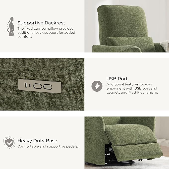 CHITA Power Recliner Chair Swivel Glider FSC Certified Upholstered Living Room Nursery Reclining Sofa Chair with Lumbar Support Green