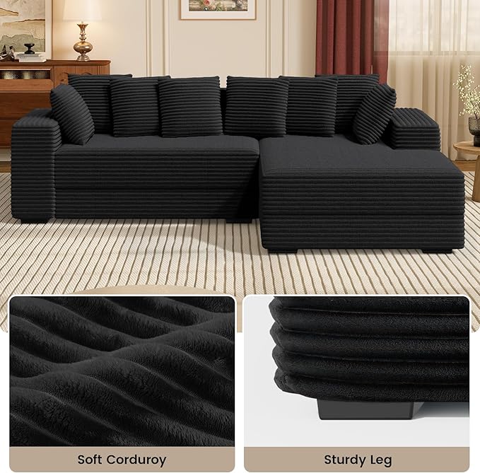 111'' Modular Sectional Cloud Couches with Chaise L Shaped Extra Large Sleeper Couch Reversible Fluffy Corduroy with 8pcs Pillows for Living Room(Black Right Facing Chaise)