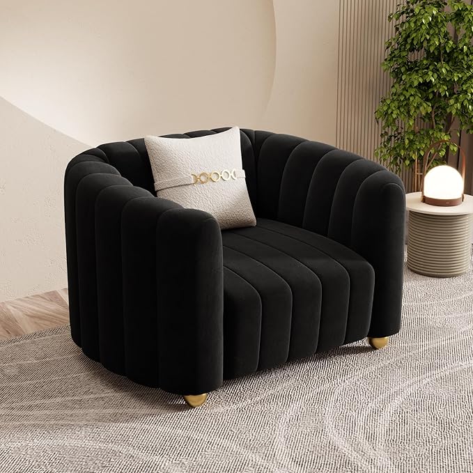 Modern Black Velvet Sofa Chair for Living Room 42 Single Sofa with Gold Metal Sphere Legs (Black 1S)