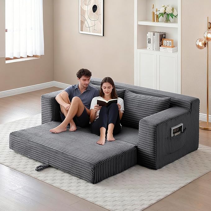 73 Memory Foam Cloud Loveseat Sofa 2 in 1 Convertible Folding Couch Bed Compressed Corduroy Floor Lounge Sofa No Assembly for Apartment Office Bedroom Living Room (Grey)