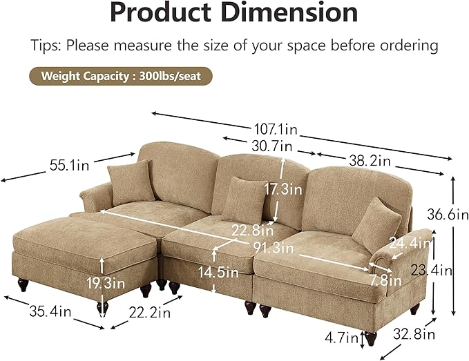 KEIKI 107 3Seat Modular Velvet Sofa Couch for Living Room Home Office Style Conscious Homeowners Cozy Warm Perfect for Entertaining Relaxation Classic Refined Premium Design Light