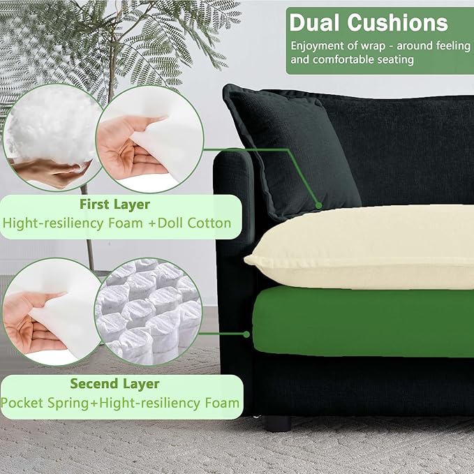 Spacious Modular Sectional Sofa with Movable Ottoman - Oversized 3-Seater Deep Seat Couch for Living Room Apartment - Flexible L-Shape Configuration for Family Gathering or Guest Bed (111.5 inch-L)