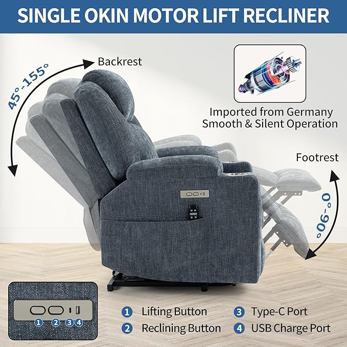Chenille Electric Power Lift Recliner Chair Massage Single Sofa with Vibration Massage and Lumbar Heating Ergonomic Lounge Couch with Cup Holders and USB Charge Port for Living Room (Blue)