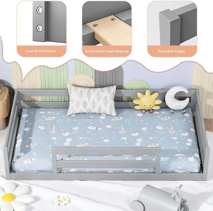 Twin Size Floor Bed for Kids Toddler Floor Bed with Safety Guardrails Solid Wood Montessori Bed Frame