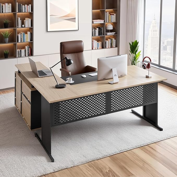 VEVOR 63 L-Shaped Executive Desk Large Office Desk with Drawers File Storage Cabinet Detachable 350 LBS Load Capacity Corner Table Easy Assembly Business Furniture Workstation for Home Office