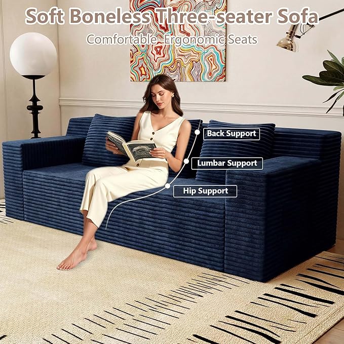 Boneless Couches for Living Room 71 Modern 3 Seater Sofa with Deep Seat Comfy Cloud Couch Sofa with Corduroy Fabric Memory Foam Floor Sofa with ArmrestsNo Assembly Required (Blue) | Deep Seat Co