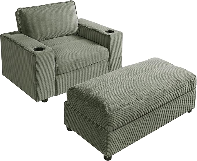 42.8 Oversized Chaise Lounge Chair with Storage Ottoman Corduroy Sofa Bed with Cup Holders &amp USB Charging Port Upholstered Sleeper Chair for Living Room Bedroom Green