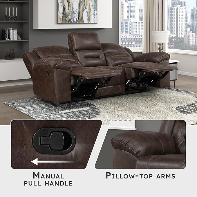 Lexicon Double Recliner Sofa for Living Room Wall Hugger Manual Reclining Couch Sofa Textured Microfiber Upholstered Dual Reclining Sofa Home Theater Seating Required Assembly Dark Brown
