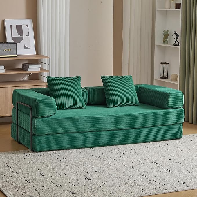 Convertible Sleeper Sofa Bed Compression Folding Sofa with Pillow No Assembly Required Shape Frame Floor Sofas Lounge Couch for Living Room Bedroom Small Spaces(Corduroy 77''W Dark Green)