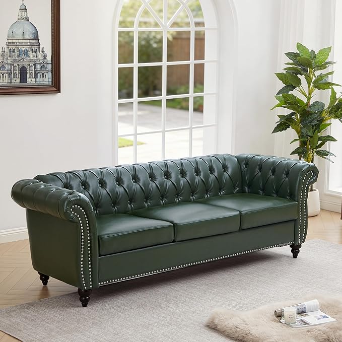 AVZEAR 84 Chesterfield Sofa Vintage Green 3-Seater PU Leather Couch Mid-Century Modern Faux Leather Sofa Button Tufted Back with Rolled Arms for Large Living Room Apartment Green