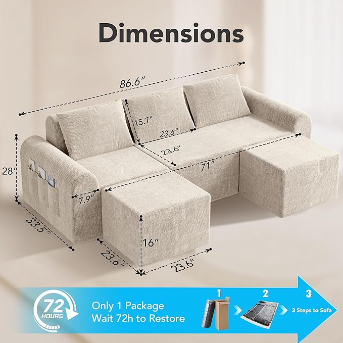 Cloud Sectional Couch with 2 Ottomans &amp 3 Pillows Boneless Couches for Living Room U Shaped Sectional Sofa Deep Seat Comfy Couch for Small Spaces No Assembly Required 72h to Restore