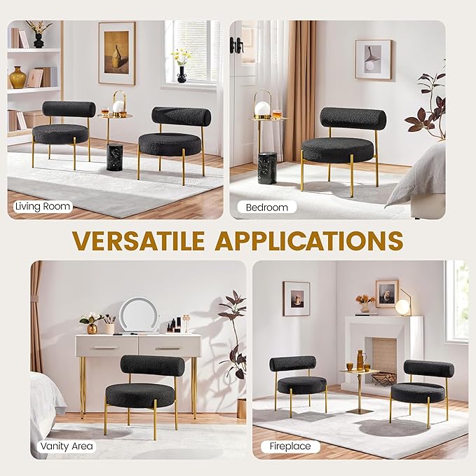 Yaheetech Boucle Vanity Chair Modern Tufted Accent Chair Cozy Sherpa Barrel Chair with Gold Legs Club Chair for Living Room Bedroom Makeup Room Home Office Black 2pcs
