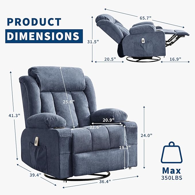 360° Swivel Rocker Recliner Chair with Heat and Massage 3 Positions USB Ports Side Pockets Cup Holders for Living Room Bedroom Blue