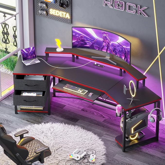 SEDETA 79 Gaming Desk Computer Desk with 2 Fabric Drawers &amp LED Light L Shaped Gaming Desk with Storage Shelf for Home Office Carbon Fiber Black&ampRed