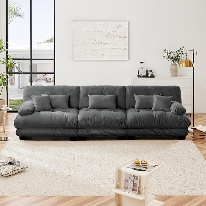 Modular Sectional Sofa 133.8 Comfy Chenille Cloud Couch 3 Seater Sectional Home Sofa Living Room Modern Deep Seat Oversized Couch with Square Armrests and 5 Pillows Grey