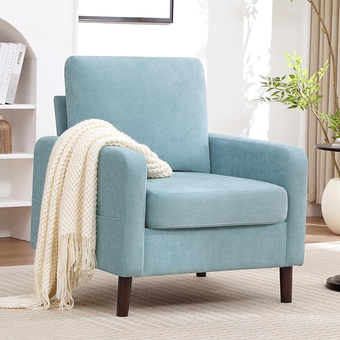 Accent Chair for Living Room Modern Reading Chair for Bedroom Upholstered Armchair with Wood Legs and Side Pockets Single Sofa Side Chair for Office Small Room Apartment Teal Green