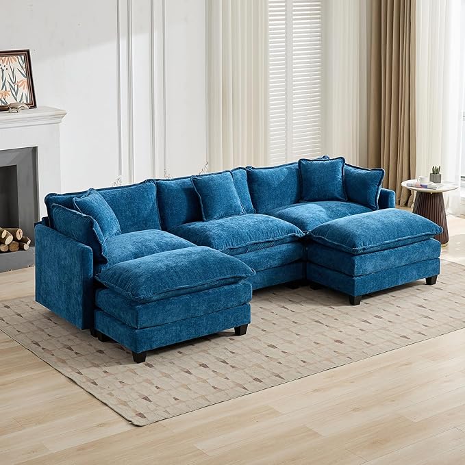 113.8 Modern Sectional Couches for Living Room Blue Chenille Comfy Cloud Couch Sectional 3 Seater Couch for Living Room with 2 Ottoman Sofas para Sala U Shaped Sofas &amp Couches (Blue 3+2 Set)