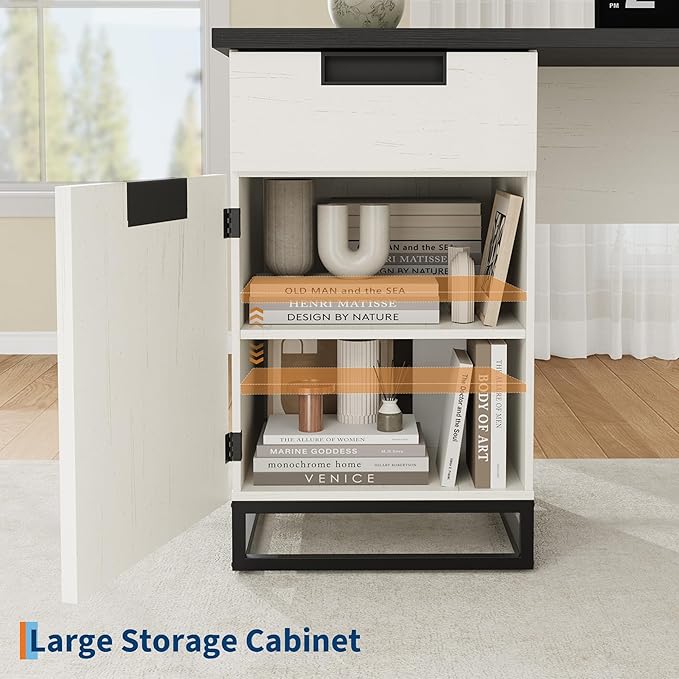IDEALHOUSE Farmhouse Executive Desk 59 Computer Desk White Home Office Desks with File Drawer and Storage Cabinet Wood Writing Desks for Home Office Bedroom White+Black