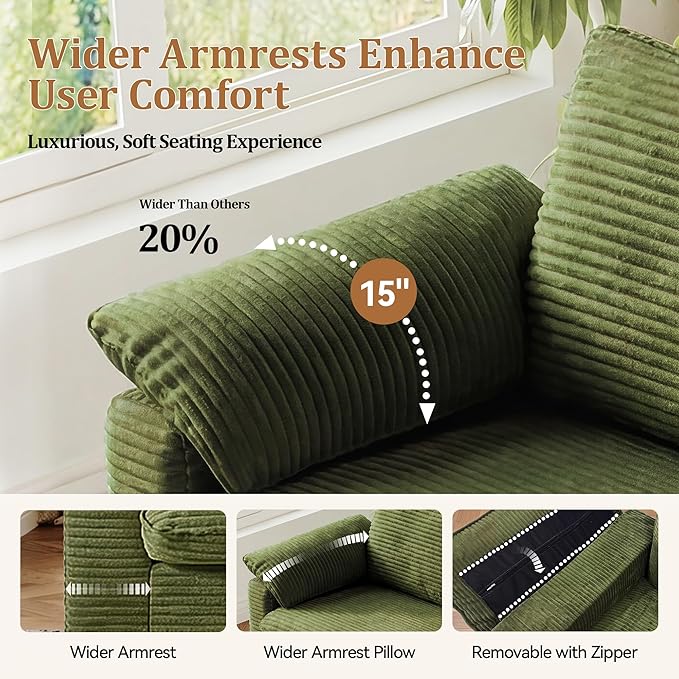 WEUP 86 Loveseat Sofa Green Corduroy Couches for Living RoomMid Century Modern Love SeatSuper Comfy Cloud SofasDeep SeatWide ArmrestSturdy Frame for Bedroom Apartment Office | Breathable Fabr