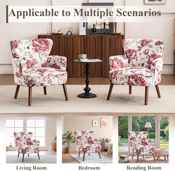 Floral Accent Chair Set of 2 Upholstered Living Room Chairs with Solid Wood Legs Mid Century Modern Velvet High Back Armchair for Bedroom Living Room Pink
