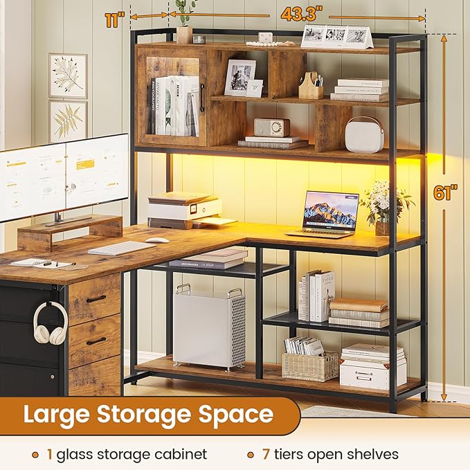 SEDETA L Shaped Computer Desk 58'' Office Desk with 3 Drawers and Bookshelf L Shaped Corner Desk with Storage Shelves and LED Light for Home Office Gaming Desk L Desk Rustic Brown
