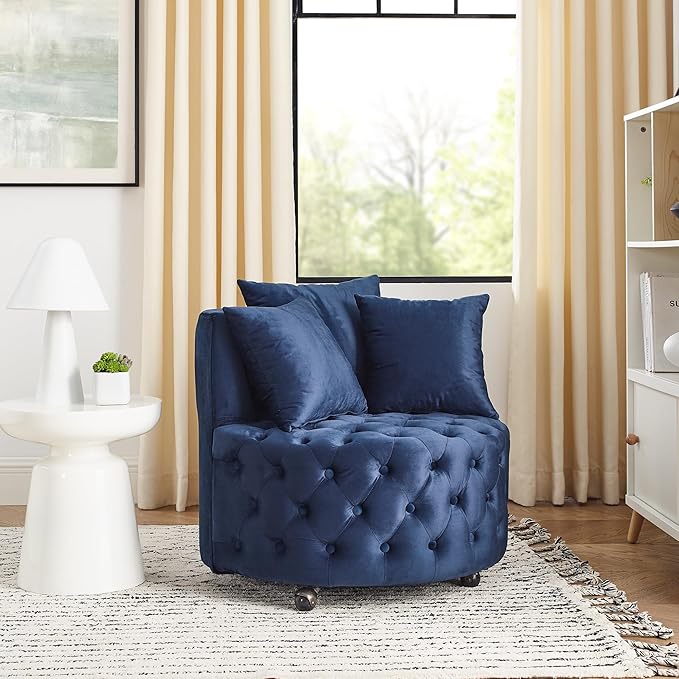 360° Swivel Barrel Chair 30W Modern Velvet Upholstered Round Accent Chair with Button Tufted Design &amp 4 Movable Wheels Comfy Small Armchair for Living Room Bedroom Nursery Sillas Para Sala Blue