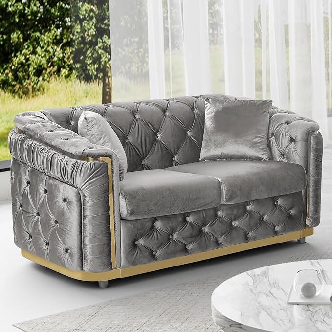Luxury Velvet Chesterfield Sofa 62.6 Grey and Gold Sofa Mid Century Modern Loveseat Couch for Living Room Tufted Sofas with Gold Legs Rolled Arms Grey