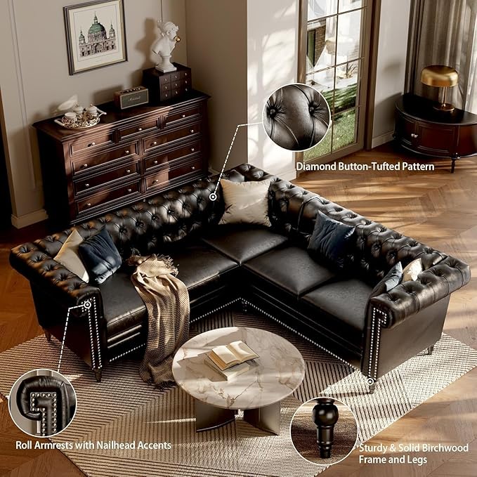 85 Chesterfield Sectional Sofa L Shaped Convertible Faux Leather Couch with Tufted Nailhead &amp Rolled Arms 5-Seater leather sectional couches for living room Apartment Office Classic Black
