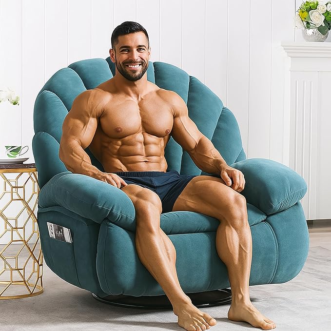 Swivel Rocker Recliner Chair – Shell Shape Manual Big Tall Single 360° Swivel Reclining Sofa with Storage Pockets | Small Space-Friendly for Living Room/Bedroom (NO Massage &amp Heat Green)
