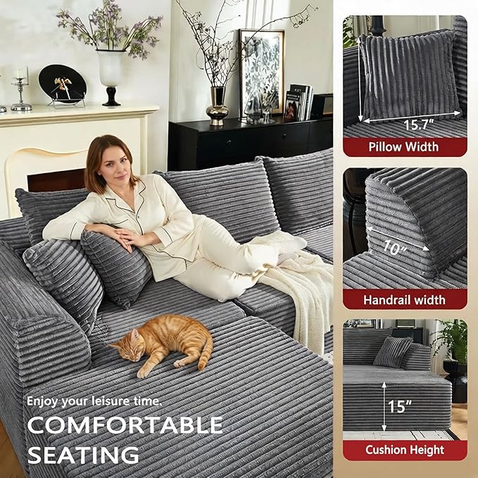 U Shaped Modular Sectional Couches for Living Room 130 Cloud Modular Sectional Sofa Chaise Fluffy Corduroy Couch with Deep Seat for Bedroom No Assembly RequiredBlack