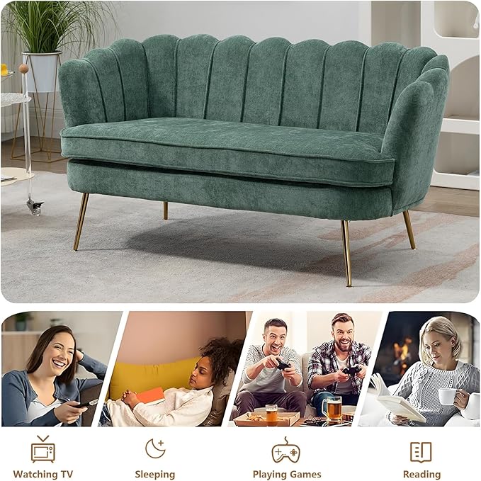 59 Small Loveseat Sofa 2-Seater Modern Chenille Couch with Gold Metal Legs &amp Floral Backrest Compact Apartment Sofa for Living Room Bedroom Office Dorm (Chenille Green)