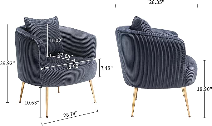 Art Leon Velvet Accent Chair Upholstered Modern Single Sofa Chair Comfy Barrel Chair with Golden Metal Legs for Living Room Bedroom Gray