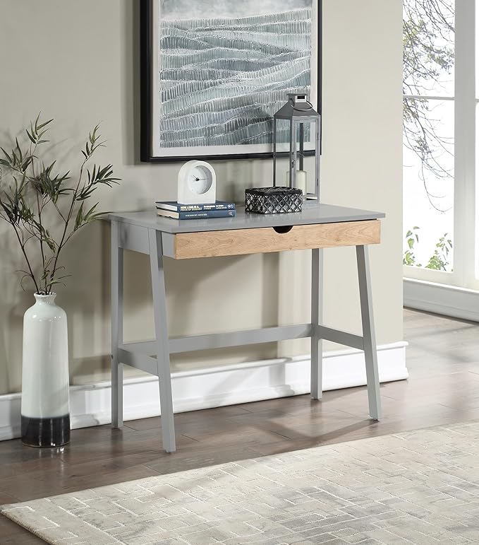 Penau Hilton Desk in Gray/Natural Solid Wood Construction Single Spacious Drawer with Metal Glides Easy Assembly Home Office or Study Desk