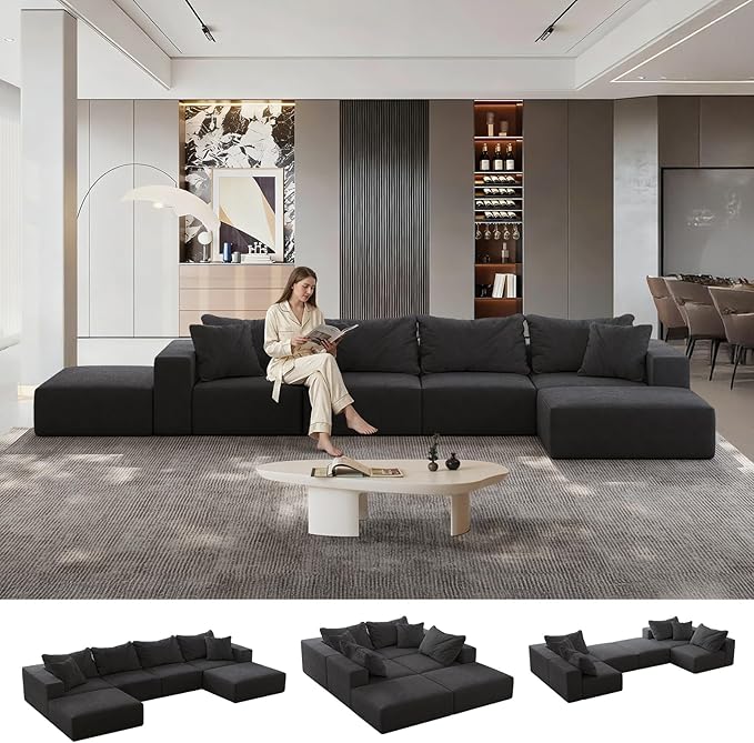 197” Modular L-Shaped Sectional Sofa Cloud Chenille Couch with 6 Pillows No-Assembly Customizable Sofa for Living Room &amp Bedroom Gray