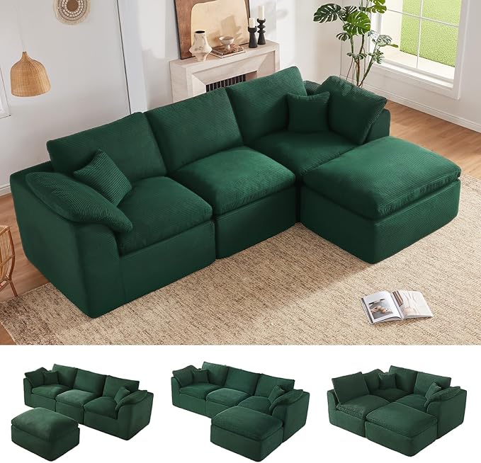 112 Cloud Sectional Couch Boneless couches for Living Room L Shaped Couch with Convertible Ottoman Modular Sectional Sofa with Deep Seat Comfy Soft Cushions No Assembly Green