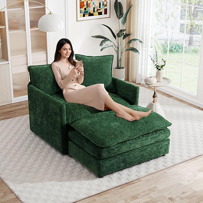 Oversized Chaise Lounge Chair Indoor Modern Comfy Chenille Cloud Accent Chair and A Half with Ottoman Single Deep Seat Sofa Couch Reading Armchair for Living Room Bedroom Apartment Green