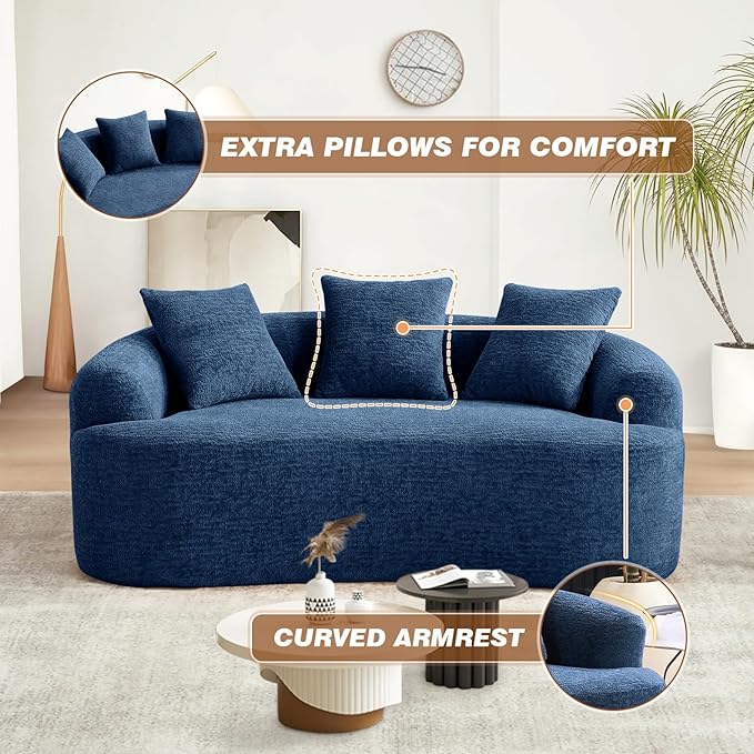 65 Curved Loveseat Sectional Sofa for Living Room Modern Plush Chenille Cloud Round Deep Seat Compressed Boneless Couch with 3 Throw Pillows for Small Apartment No Assembly Needed Blue