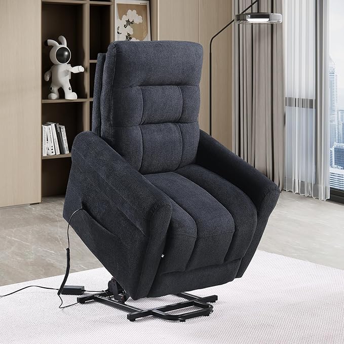 Power Lift Recliner Chair Electric Power Lift Recliner Chair for Elderly Single Seat Chenille Reclining Sofa with Side Pocket for Bedroom Living Room Office (Black)