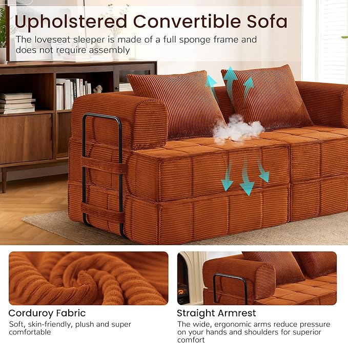 6-in-1 Convertible Sleeper Sofa Bed Corduroy Folding Mattress Couch with Fixed-Shape Frame Modular Foldable Boneless Couch Loveseat Couches with 2 Pillows for Living Room Bedroom Orange