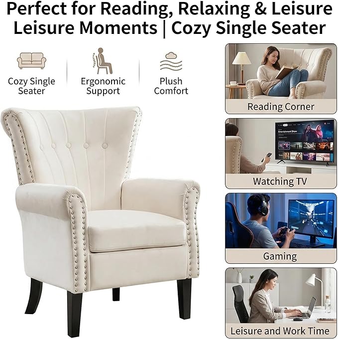 Modern Accent Chair for Living Room Comfy Upholstered Armchair for Bedroom &amp Small Spaces Mid Century Lounge Reading Chair for Office(White)