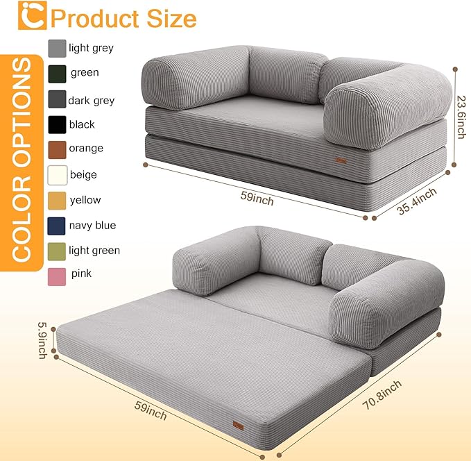 COMAX Futon Sofa Bed 4-in-1 Floor Foldable Sofa Couch Bed with L-Shaped Armrests Convertible Folding Chair Bed Sleeper Mattress Fold Out Lounge for Living Room Bedroom Light Grey