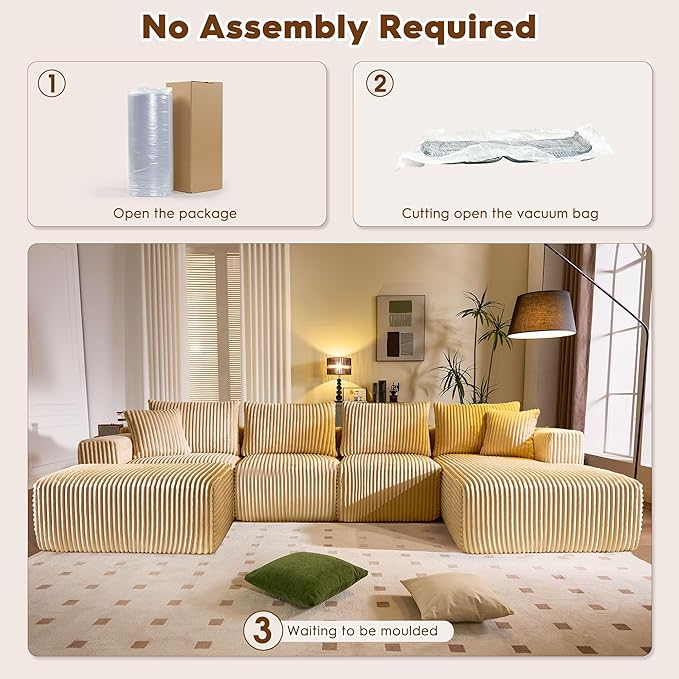 WorthFurni Cloud Modular Sofa Couch with U-Shape Chaise and Big Ottoman Modern Sectional with Deep Seat Upholstered Couches for Living RoomNo Assembly Required Plush Corduroy Fabric 139.37(Beige)
