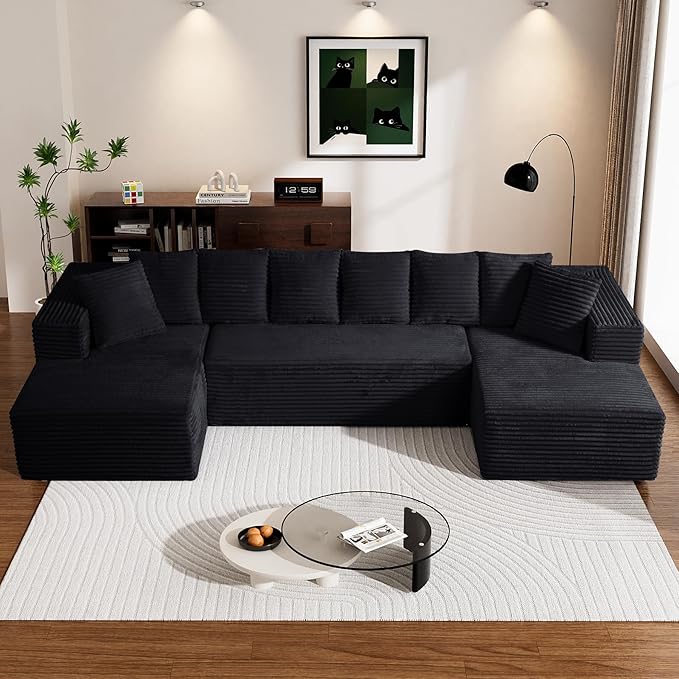 Modular Sectional Sofa 130 U Shaped Cloud Couch Plush Corduroy Comfy Deep Seat Boneless Sofas with 8 Pillows Double Chaise Lounge Sectional Couches with Memory Foam for Living Room - Black